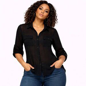 Rue21 Sheer Black Button-Down Blouse | Trendy Roll-Tab 3/4 Sleeve Top | Size S